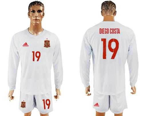 Spain #19 Diego Costa White Away Long Sleeves Soccer Country Jersey