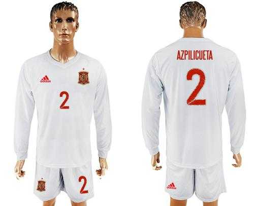 Spain #2 Azpilicueta White Away Long Sleeves Soccer Country Jersey