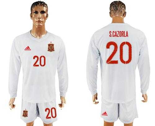 Spain #20 S.Cazorla White Away Long Sleeves Soccer Country Jersey