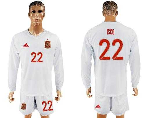 Spain #22 Isco White Away Long Sleeves Soccer Country Jersey