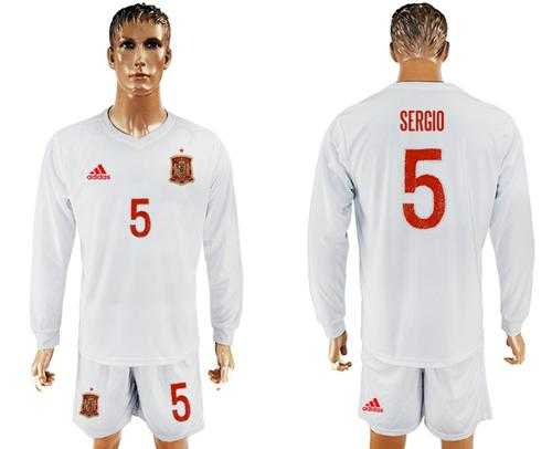 Spain #5 Sergio White Away Long Sleeves Soccer Country Jersey