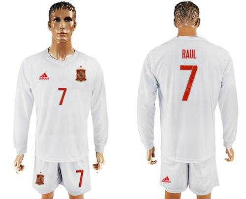 Spain #7 Raul White Away Long Sleeves Soccer Country Jersey