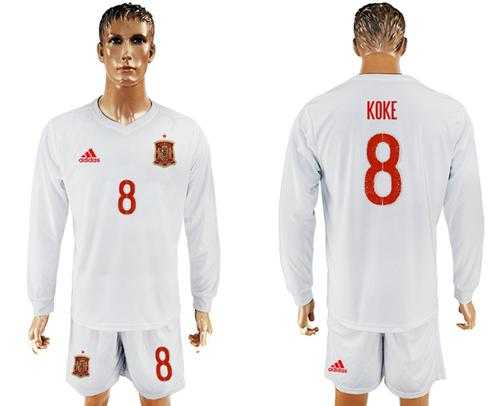 Spain #8 Koke White Away Long Sleeves Soccer Country Jersey