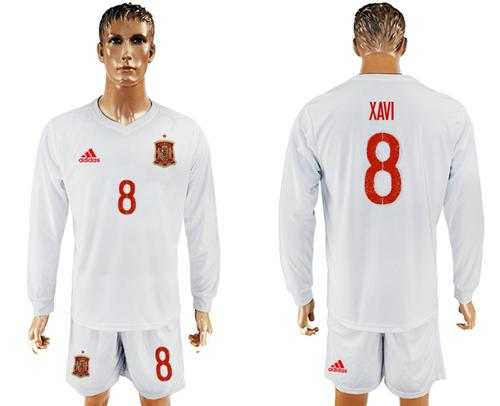 Spain #8 Xavi White Away Long Sleeves Soccer Country Jersey