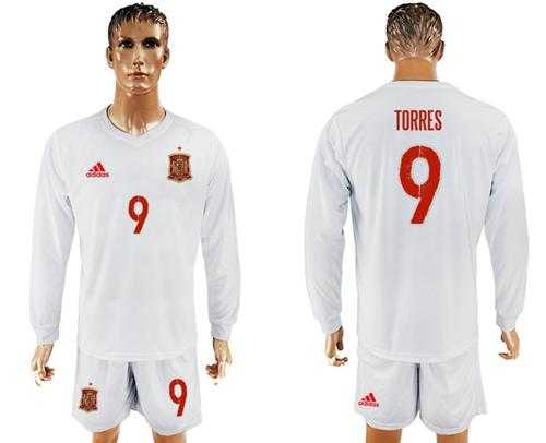 Spain #9 Torres White Away Long Sleeves Soccer Country Jersey