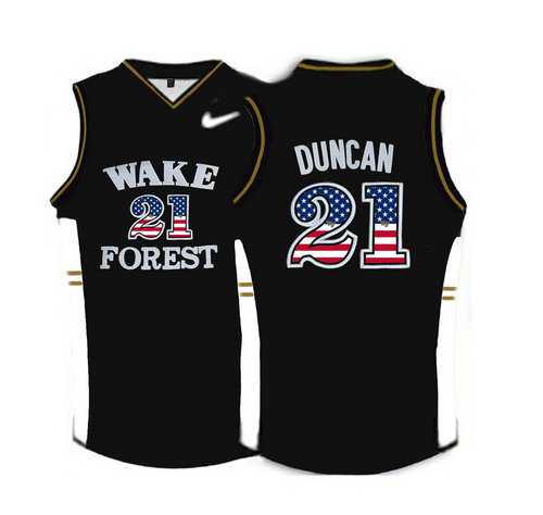 Wake Forest Demon Deacons #21 Tim Duncan Black USA Flag College Basketball Jersey