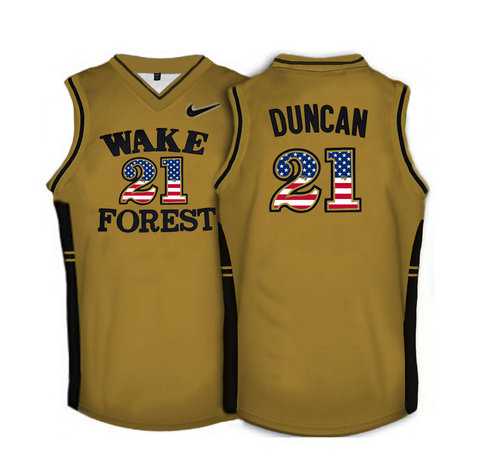 Wake Forest Demon Deacons #21 Tim Duncan Gold USA Flag College Basketball Jersey