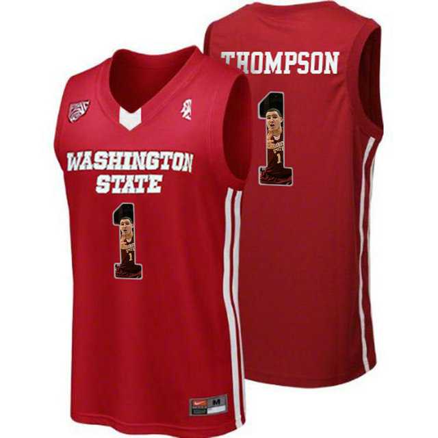 Washington State Cougars #1 Klay Thompson Red With Portrait Print College Basketball Jersey