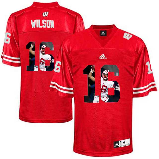 Wisconsin Badgers #16 Russell Wilson Red With Portrait Print College Football Jersey2