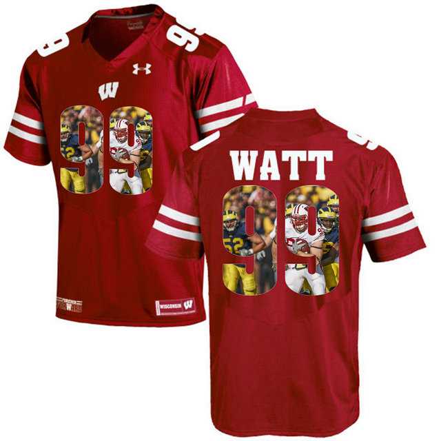 Wisconsin Badgers #99 J.J. Watt Red With Portrait Print College Football Jersey