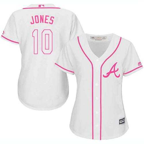 Women's Atlanta Braves #10 Chipper Jones White Pink Fashion Stitched MLB Jersey
