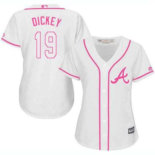 Women's Atlanta Braves #19 R.A. Dickey White Pink Fashion Stitched MLB Jersey