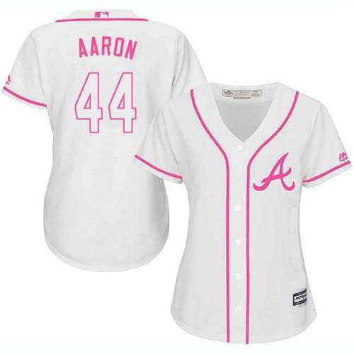 Women's Atlanta Braves #44 Hank Aaron White Pink Fashion Stitched MLB Jersey