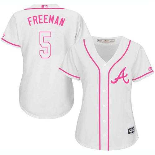 Women's Atlanta Braves #5 Freddie Freeman White Pink FashionStitched MLB Jersey