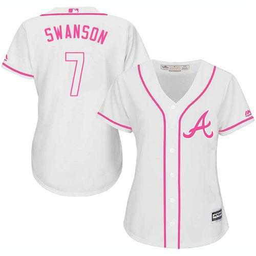 Women's Atlanta Braves #7 Dansby Swanson White Pink Fashion Stitched MLB Jersey