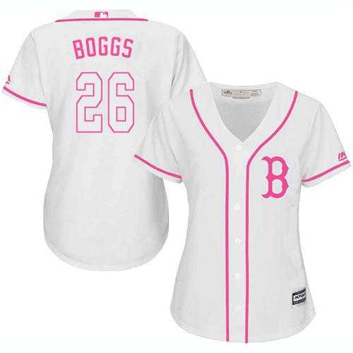 Women's Boston Red Sox #26 Wade Boggs White Pink FashionStitched MLB Jersey