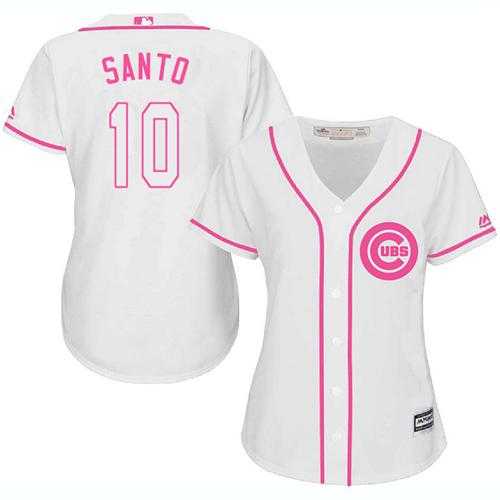 Women's Chicago Cubs #10 Ron Santo White Pink Fashion Stitched MLB Jersey