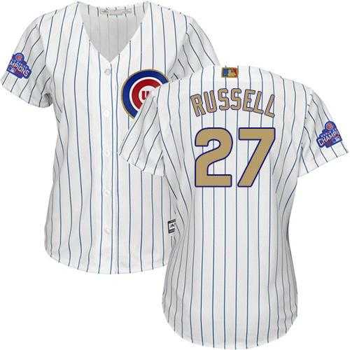 Women's Chicago Cubs #27 Addison Russell White(Blue Strip) 2017 Gold Program Cool Base Stitched MLB Jersey