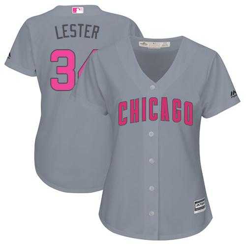 Women's Chicago Cubs #34 Jon Lester Grey Mother's Day Cool Base Stitched MLB Jersey