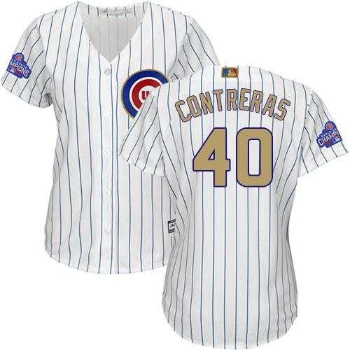 Women's Chicago Cubs #40 Willson Contreras White(Blue Strip) 2017 Gold Program Cool Base Stitched MLB Jersey