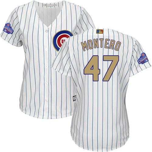 Women's Chicago Cubs #47 Miguel Montero White(Blue Strip) 2017 Gold Program Cool Base Stitched MLB Jersey