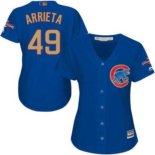 Women's Chicago Cubs #49 Jake Arrieta Blue 2017 Gold Program Cool Base Stitched MLB Jersey
