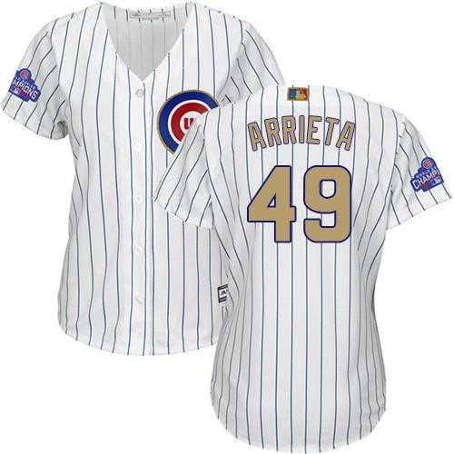 Women's Chicago Cubs #49 Jake Arrieta White(Blue Strip) 2017 Gold Program Cool Base Stitched MLB Jersey