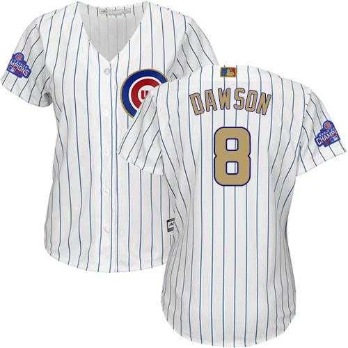Women's Chicago Cubs #8 Andre Dawson White(Blue Strip) 2017 Gold Program Cool Base Stitched MLB Jersey