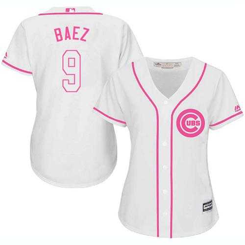 Women's Chicago Cubs #9 Javier Baez White Pink Fashion Stitched MLB Jersey