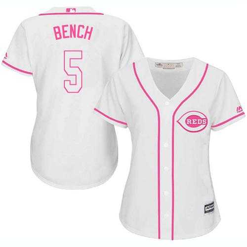Women's Cincinnati Reds #5 Johnny Bench White Pink Fashion Stitched MLB Jersey