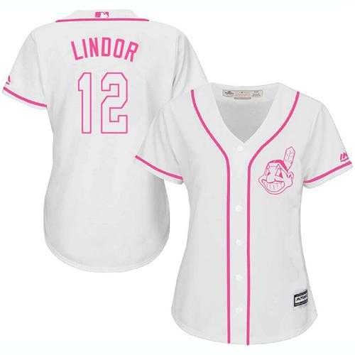 Women's Cleveland Indians #12 Francisco Lindor White Pink Fashion Stitched MLB Jersey