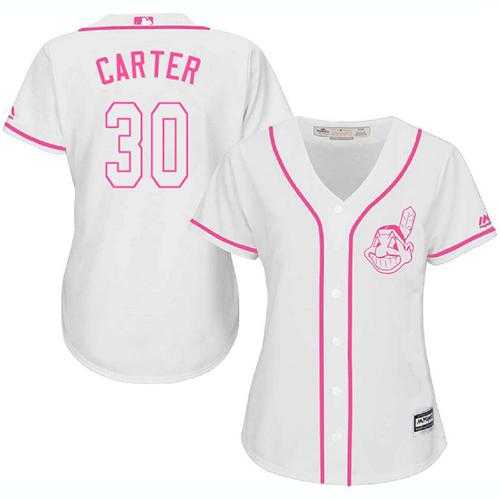 Women's Cleveland Indians #30 Joe Carter White Pink Fashion Stitched MLB Jersey
