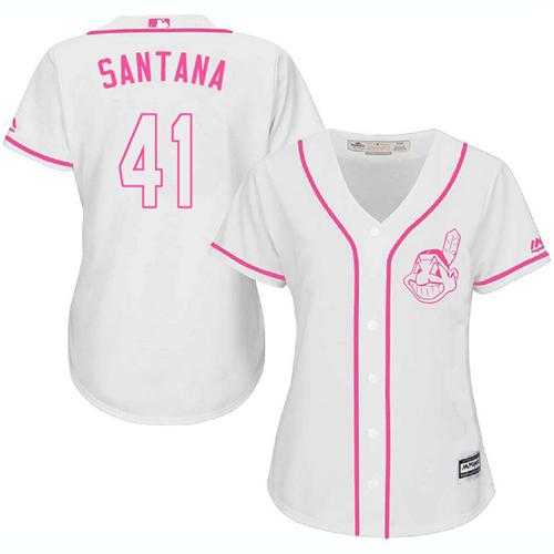 Women's Cleveland Indians #41 Carlos Santana White Pink Fashion Stitched MLB Jersey