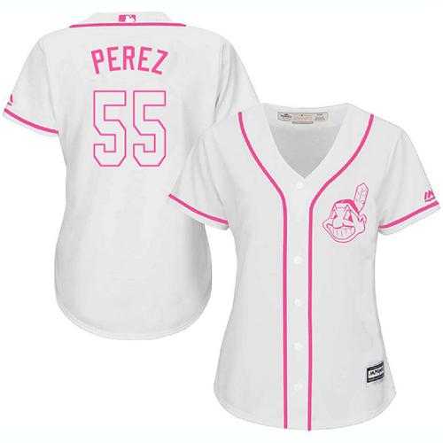 Women's Cleveland Indians #55 Roberto Perez White Pink Fashion Stitched MLB Jersey