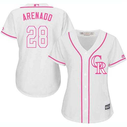 Women's Colorado Rockies #28 Nolan Arenado White Pink Fashion Stitched MLB Jersey
