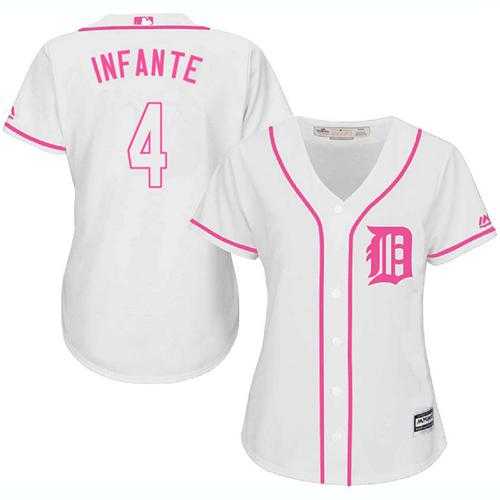 Women's Detroit Tigers #4 Omar Infante White Pink Fashion Stitched MLB Jersey