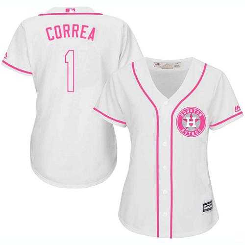 Women's Houston Astros #1 Carlos Correa White Pink FashionStitched MLB Jersey