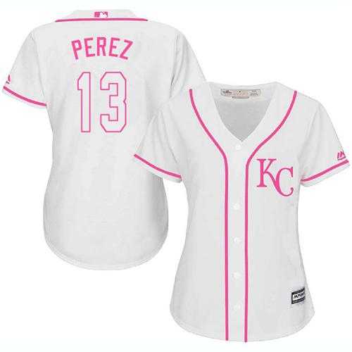 Women's Kansas City Royals #13 Salvador Perez White Pink Fashion Stitched MLB Jersey