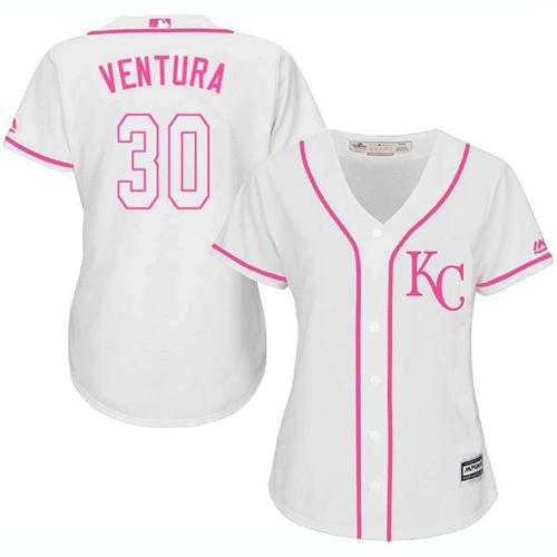 Women's Kansas City Royals #30 Yordano Ventura White Pink Fashion Stitched MLB Jersey