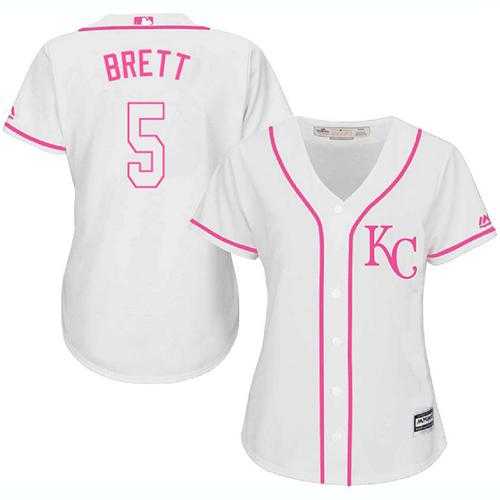 Women's Kansas City Royals #5 George Brett White Pink Fashion Stitched MLB Jersey