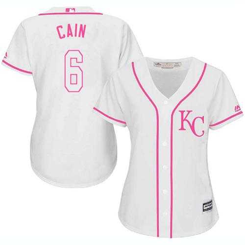 Women's Kansas City Royals #6 Lorenzo Cain White Pink Fashion Stitched MLB Jersey