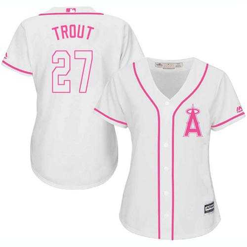 Women's Los Angeles Angels Of Anaheim #27 Mike Trout White Pink Fashion Stitched MLB Jersey