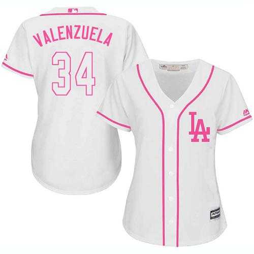 Women's Los Angeles Dodgers #34 Fernando Valenzuela White Pink Fashion Stitched MLB Jersey
