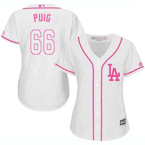 Women's Los Angeles Dodgers #66 Yasiel Puig White Pink Fashion Stitched MLB Jersey