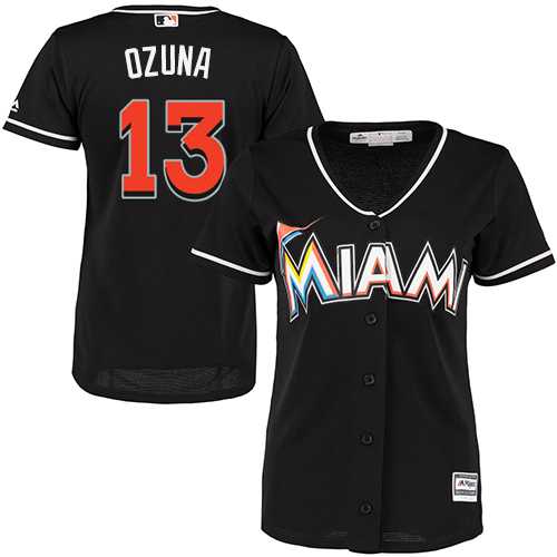 Women's Miami Marlins #13 Marcell Ozuna Black Alternate Stitched MLB Jersey