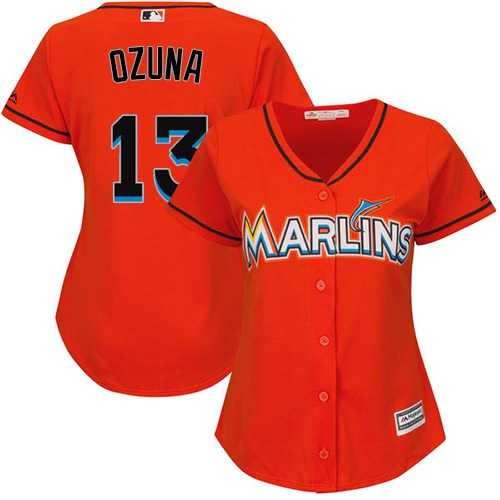 Women's Miami Marlins #13 Marcell Ozuna Orange Alternate Stitched MLB Jersey