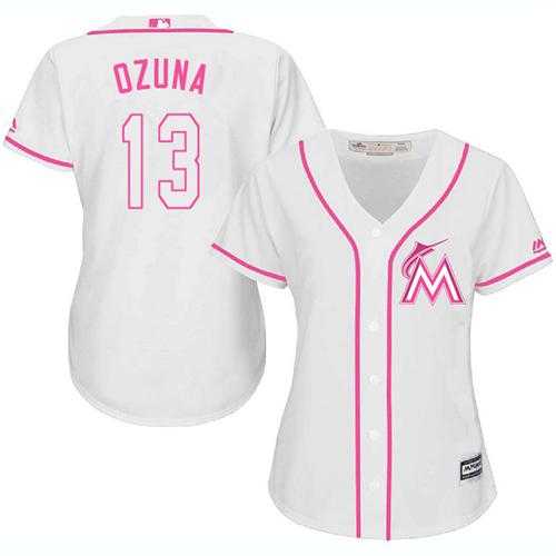 Women's Miami Marlins #13 Marcell Ozuna White Pink Fashion Stitched MLB Jersey
