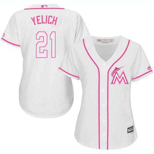 Women's Miami Marlins #21 Christian Yelich White Pink Fashion Stitched MLB Jersey