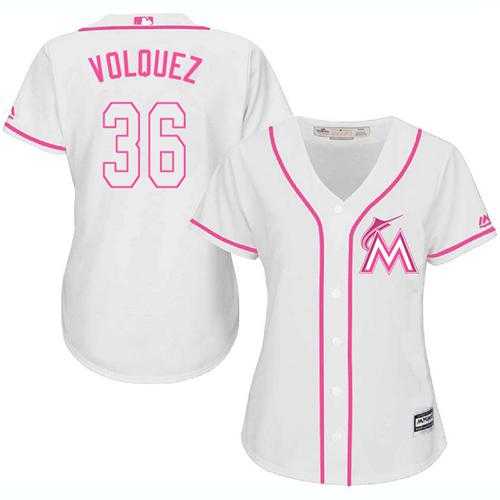 Women's Miami Marlins #36 Edinson Volquez White Pink Fashion Stitched MLB Jersey