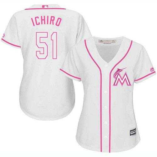 Women's Miami Marlins #51 Ichiro Suzuki White Pink FashionStitched MLB Jersey